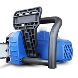The Hyundai HYC2400E has an electric/mechanical chain brake which is activated in the event of a kick-back by pushing the brake handle forward, stopping the chainsaw in approximately 0.15 seconds.